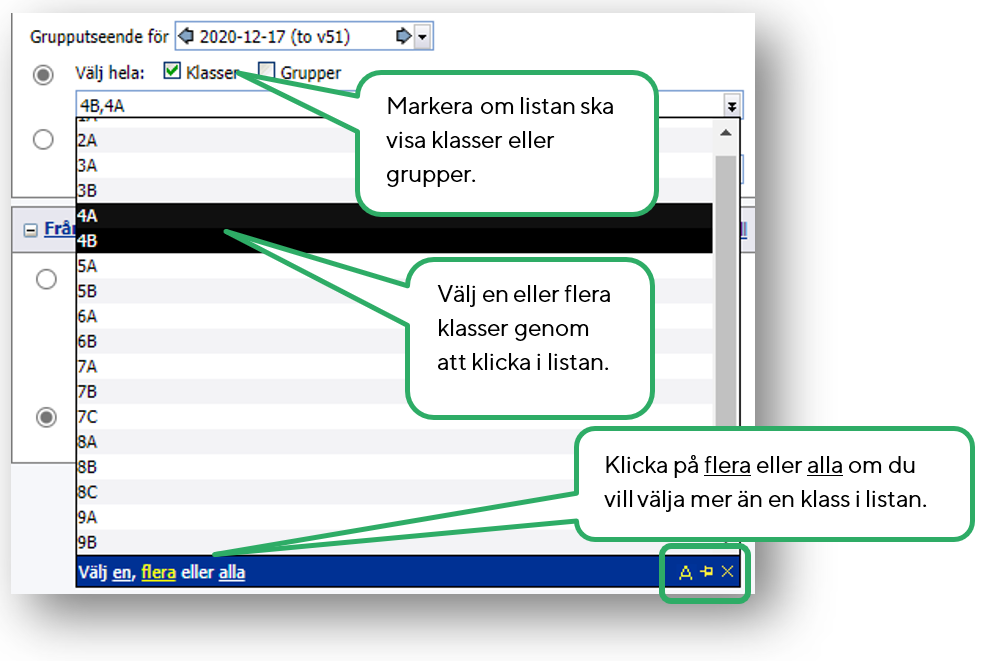 Visar hur man markerar f&ouml;r att se en och flera klasser