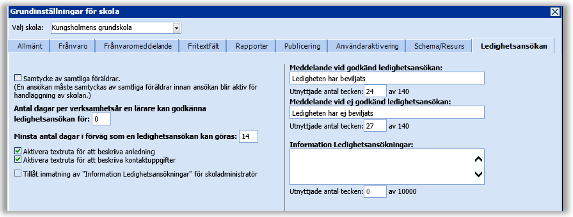 Inst&auml;llningar f&ouml;r samtycka ev v&aring;rdnadshavare, dagar f&ouml;r hantering av ledighet av l&auml;rare