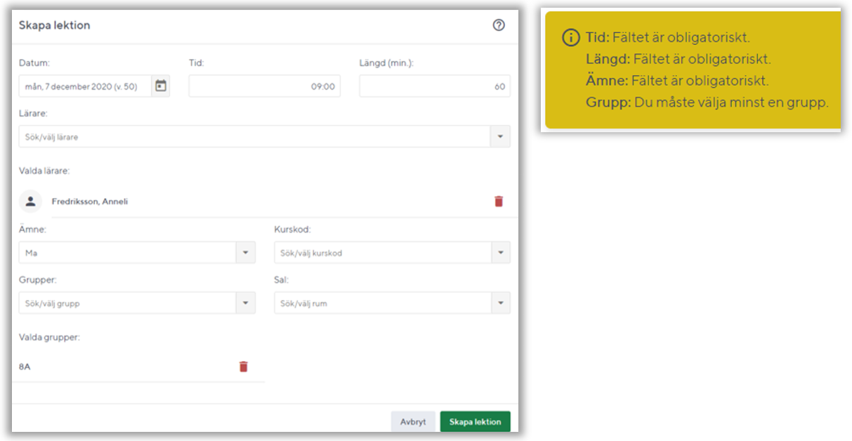 F&auml;lt f&ouml;r Tid, L&auml;ngd, &Auml;mne och Grupper f&aring;r inte l&auml;mnas tomma. L&auml;mnas n&aring;got av dessa f&auml;lt tomt visas en ruta med information att dessa f&auml;lt m&aring;ste fyllas i.