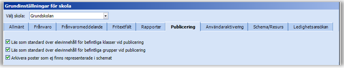 Checkboxar om det som tagits ur schemat ska arkiveras vid publicering