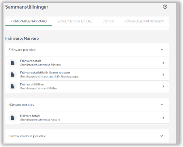 &auml;lj Sammanst&auml;llningar. Kommunadministrat&ouml;ren har tillg&aring;ng till sammanst&auml;llningar f&ouml;r FR&Aring;NVARO/N&Auml;RVARO, SCHEMA OCH LOKAL, LISTOR och F&Ouml;RSKOLA/FRITIDSHEM