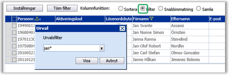 Visar m&ouml;jlighet att filtrera f&ouml;r att hitta personen