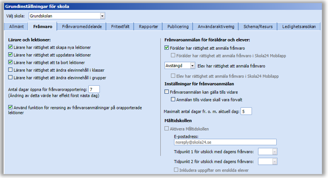 Under fliken Fr&aring;nvaro administreras diverse inst&auml;llningar avseende fr&aring;nvarorapportering